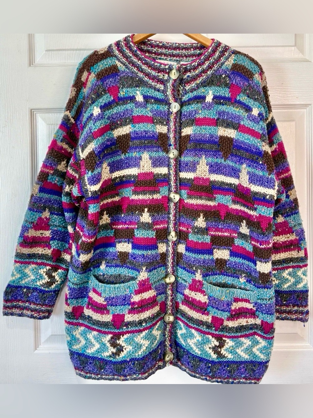 Vintage Segrets Sun Prints Geometric Hand Knit Cardigan Sweater 100% Wool MED